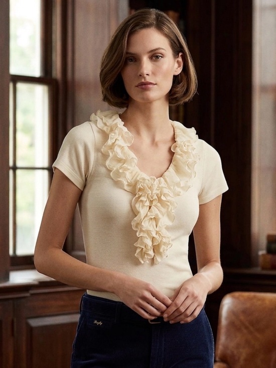 Ralph Lauren Tops - RUGBY Ralph Lauren Women’s Ruffled Wool Blouse Beige Luxury Style Size M
